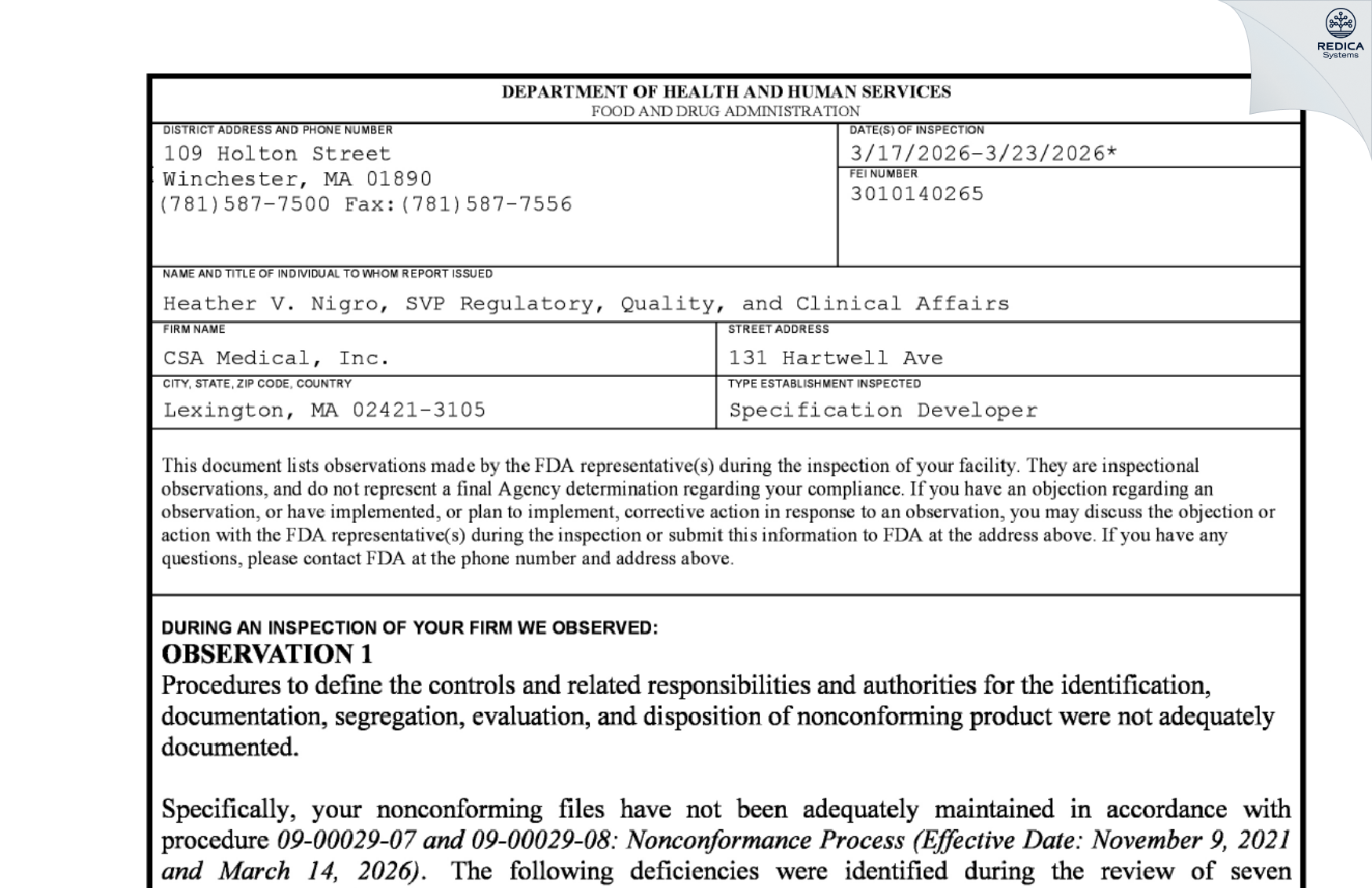 FDA 483 - CSA Medical [Lexington / United States of America] - Download PDF - Redica Systems