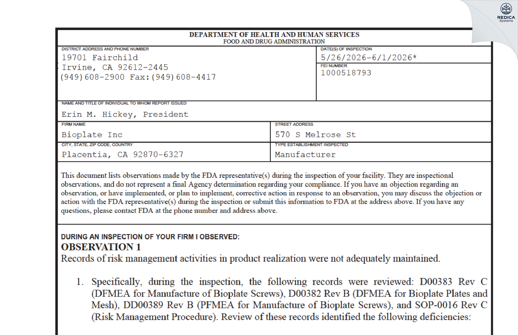 FDA 483 - Bioplate Inc [Los Angeles / United States of America] - Download PDF - Redica Systems