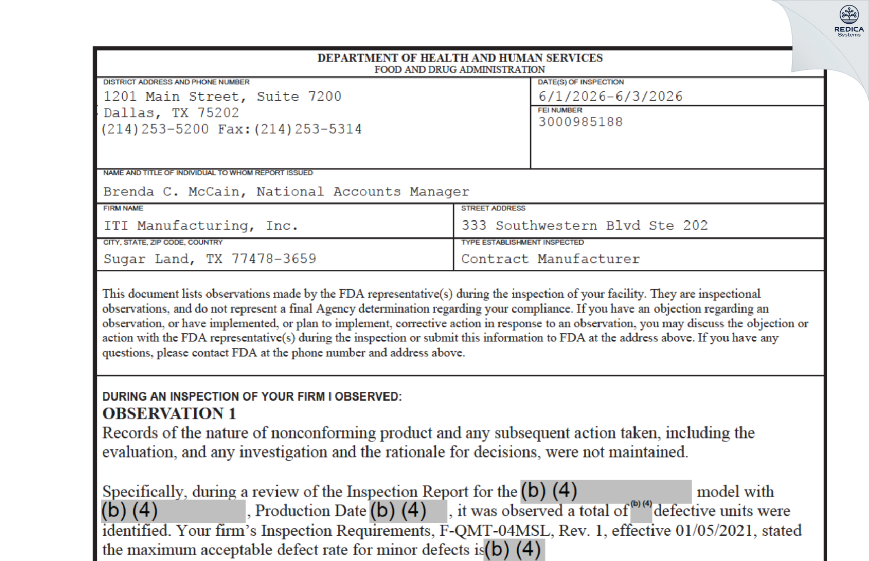 FDA 483 - ITI Manufacturing, Inc. [Sugar Land / United States of America] - Download PDF - Redica Systems