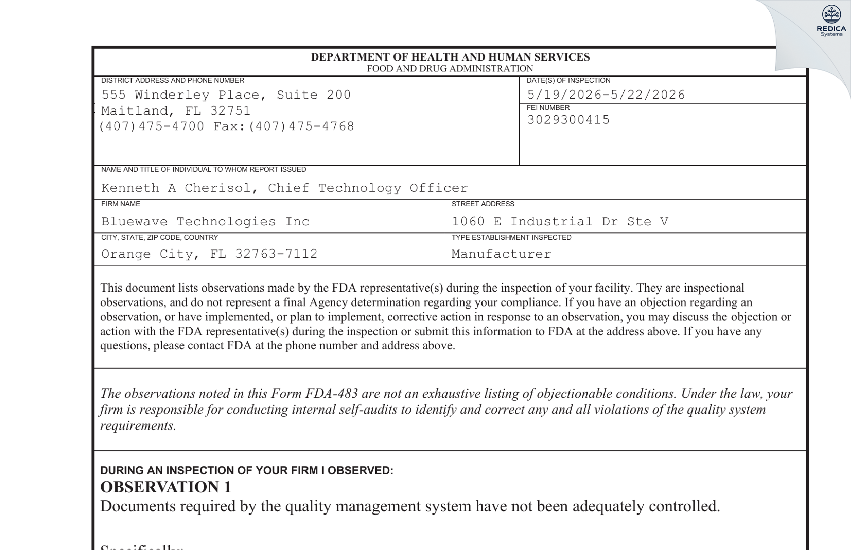 FDA 483 - Bluewave Technologies, Inc. [Orange City / United States of America] - Download PDF - Redica Systems