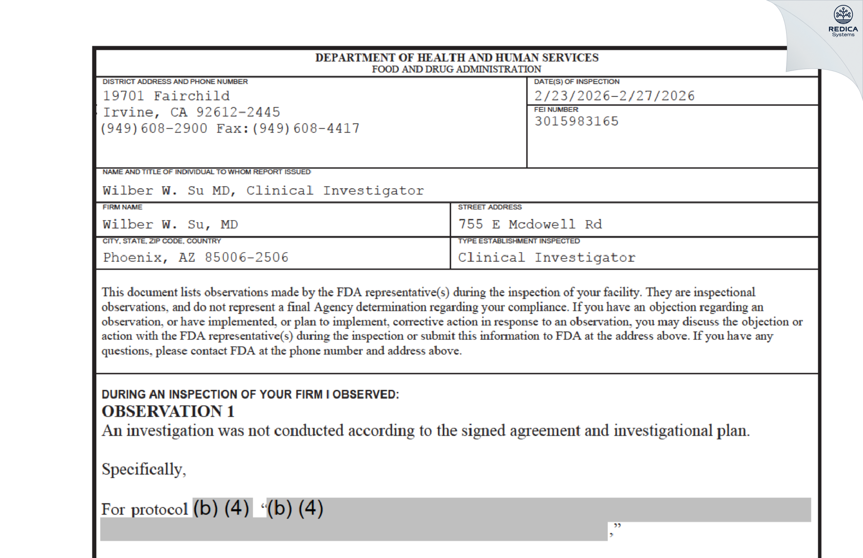 FDA 483 - Wilber W. Su, MD [Phoenix / United States of America] - Download PDF - Redica Systems