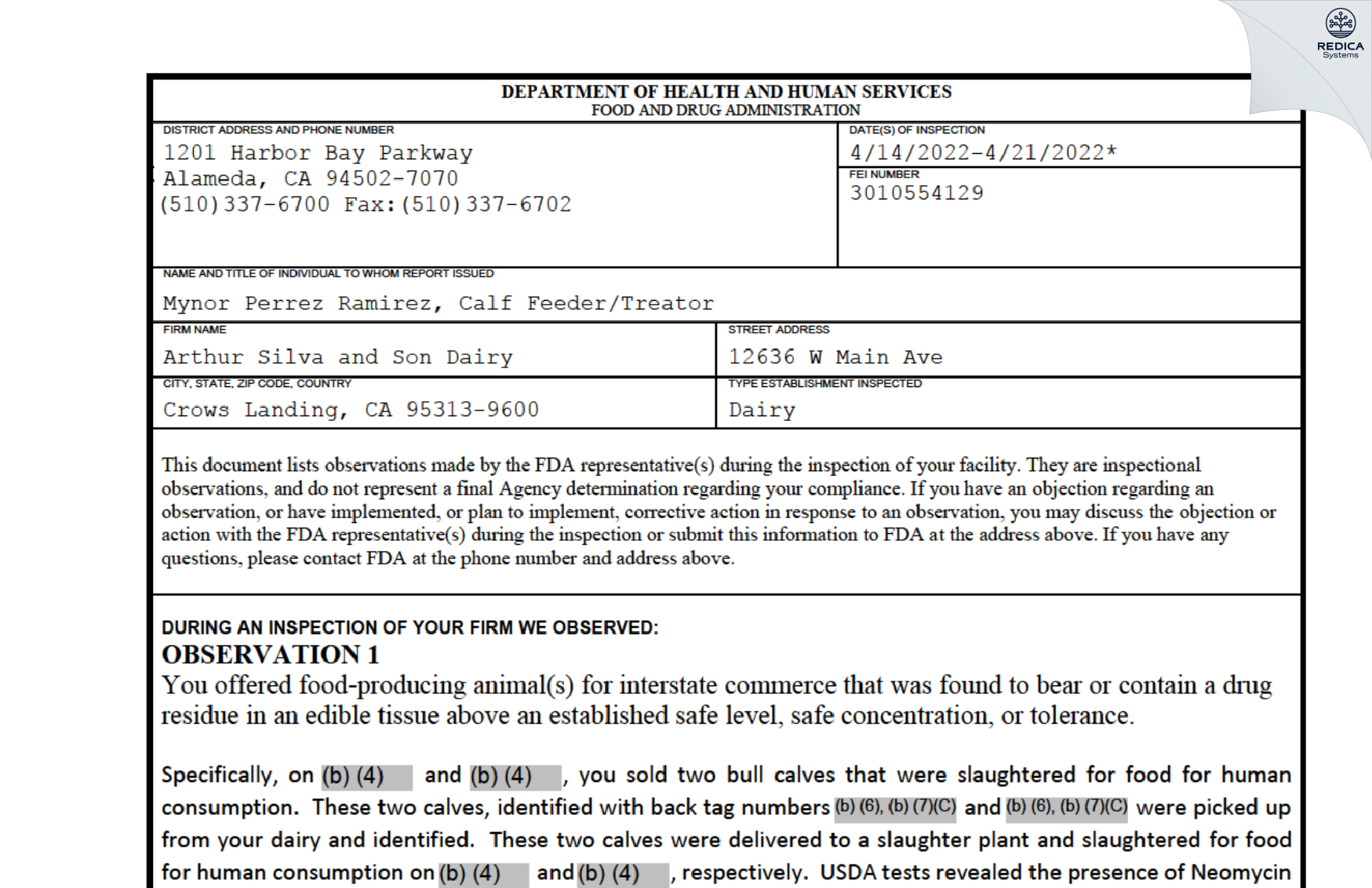 FDA 483 - Arthur Silva and Son Dairy [Crows Landing / United States of America] - Download PDF - Redica Systems
