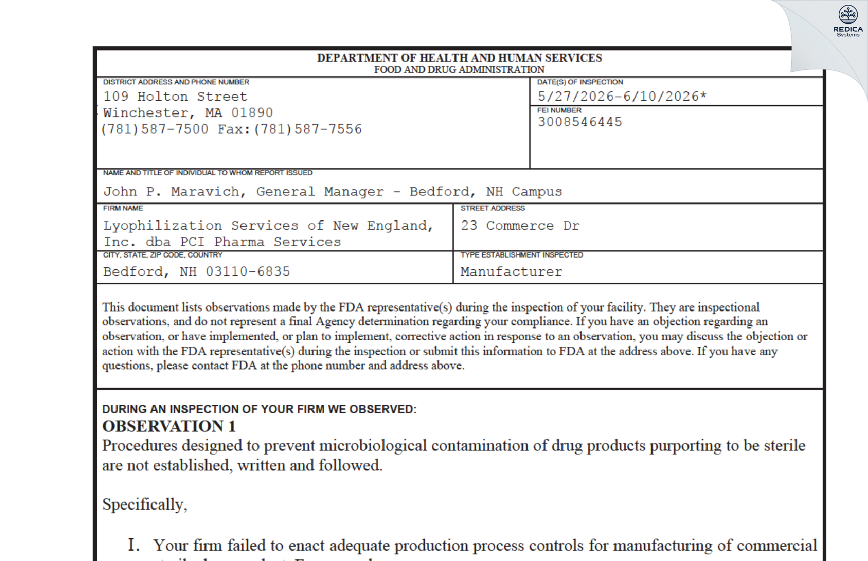FDA 483 - Lyophilization Services Of New England, Inc. (LSNE) [Bedford / United States of America] - Download PDF - Redica Systems