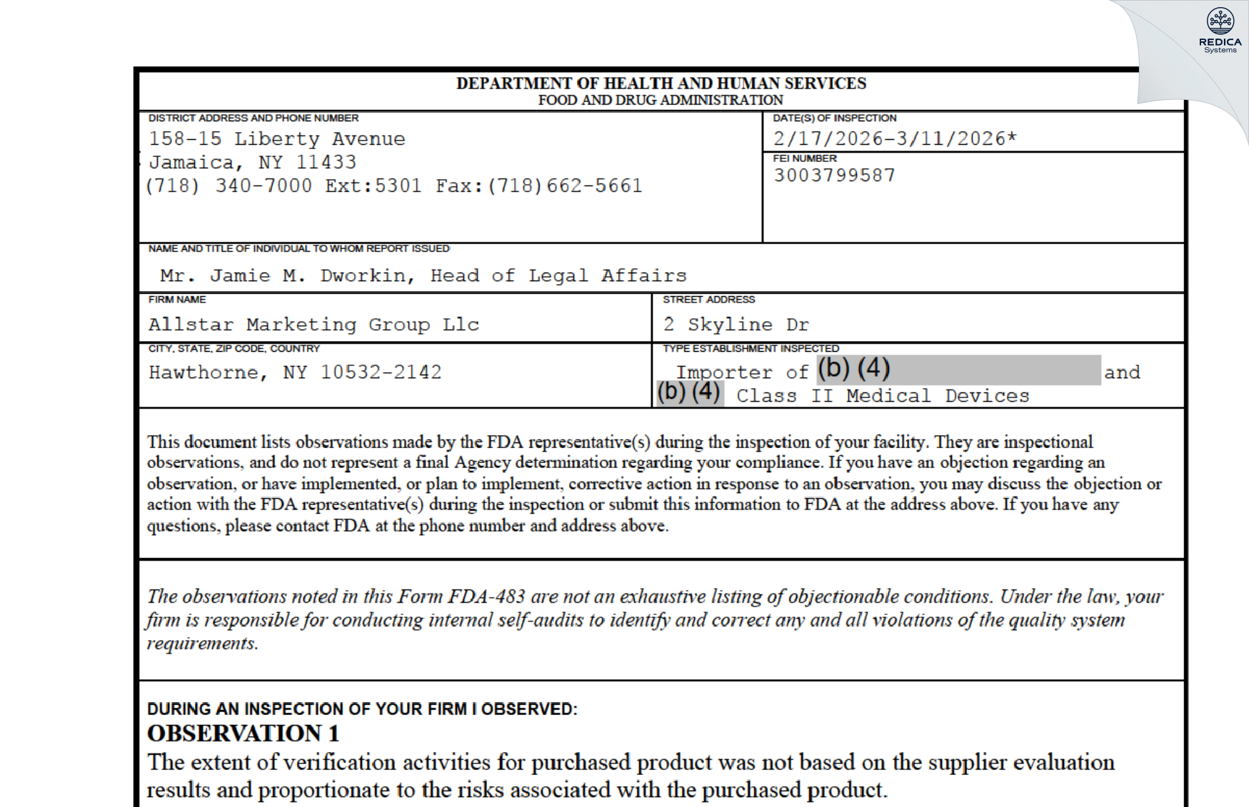 FDA 483 - Allstar Marketing Group Llc [Hawthorne / United States of America] - Download PDF - Redica Systems