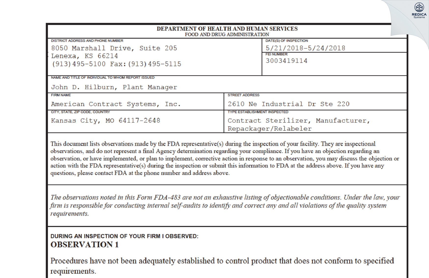 FDA 483 - American Contract Systems, Inc. [Kansas City / United States of America] - Download PDF - Redica Systems