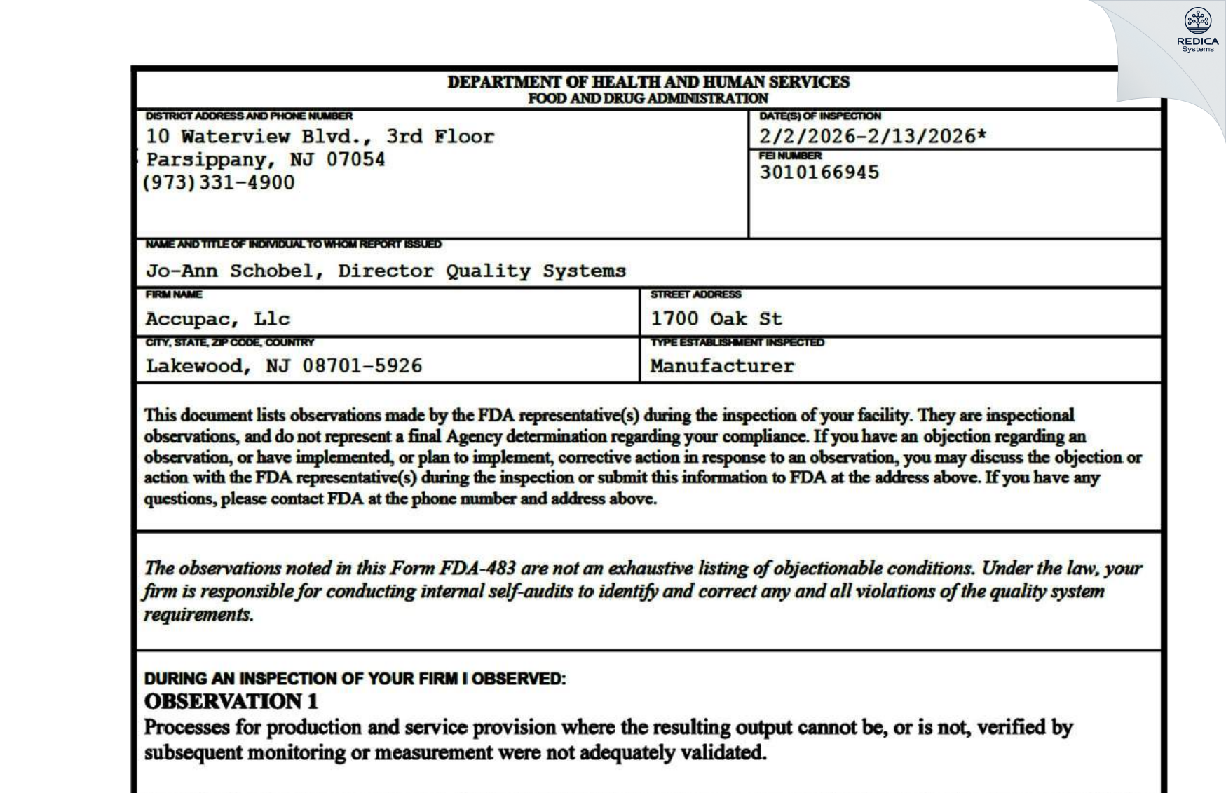 FDA 483 - Accupac, LLC [Lakewood / United States of America] - Download PDF - Redica Systems