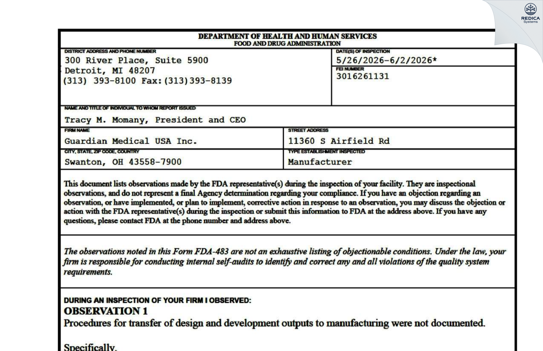 FDA 483 - Guardian Medical USA Inc. [Swanton / United States of America] - Download PDF - Redica Systems