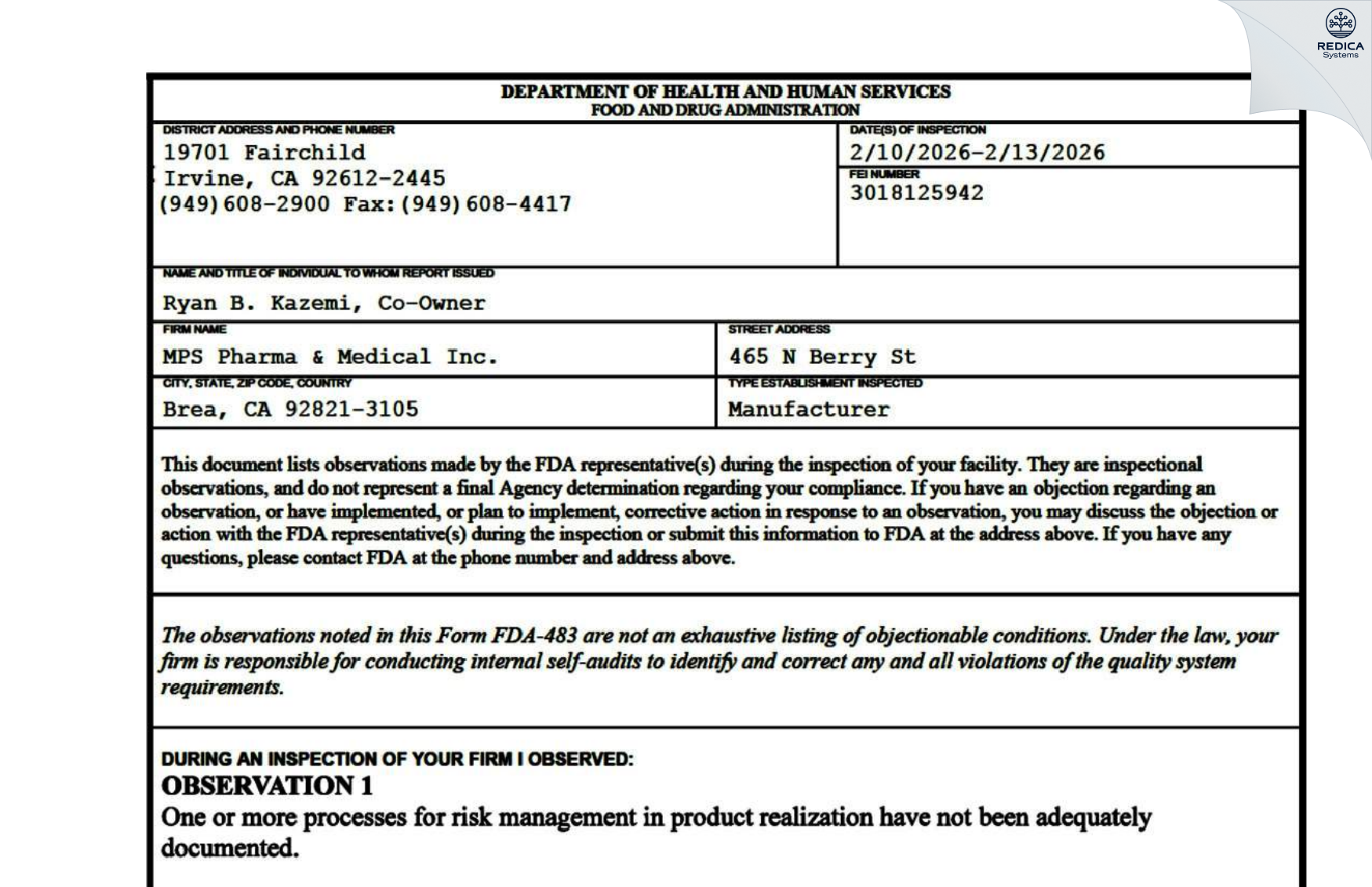 FDA 483 - MPS Pharma & Medical Inc. [Brea / United States of America] - Download PDF - Redica Systems