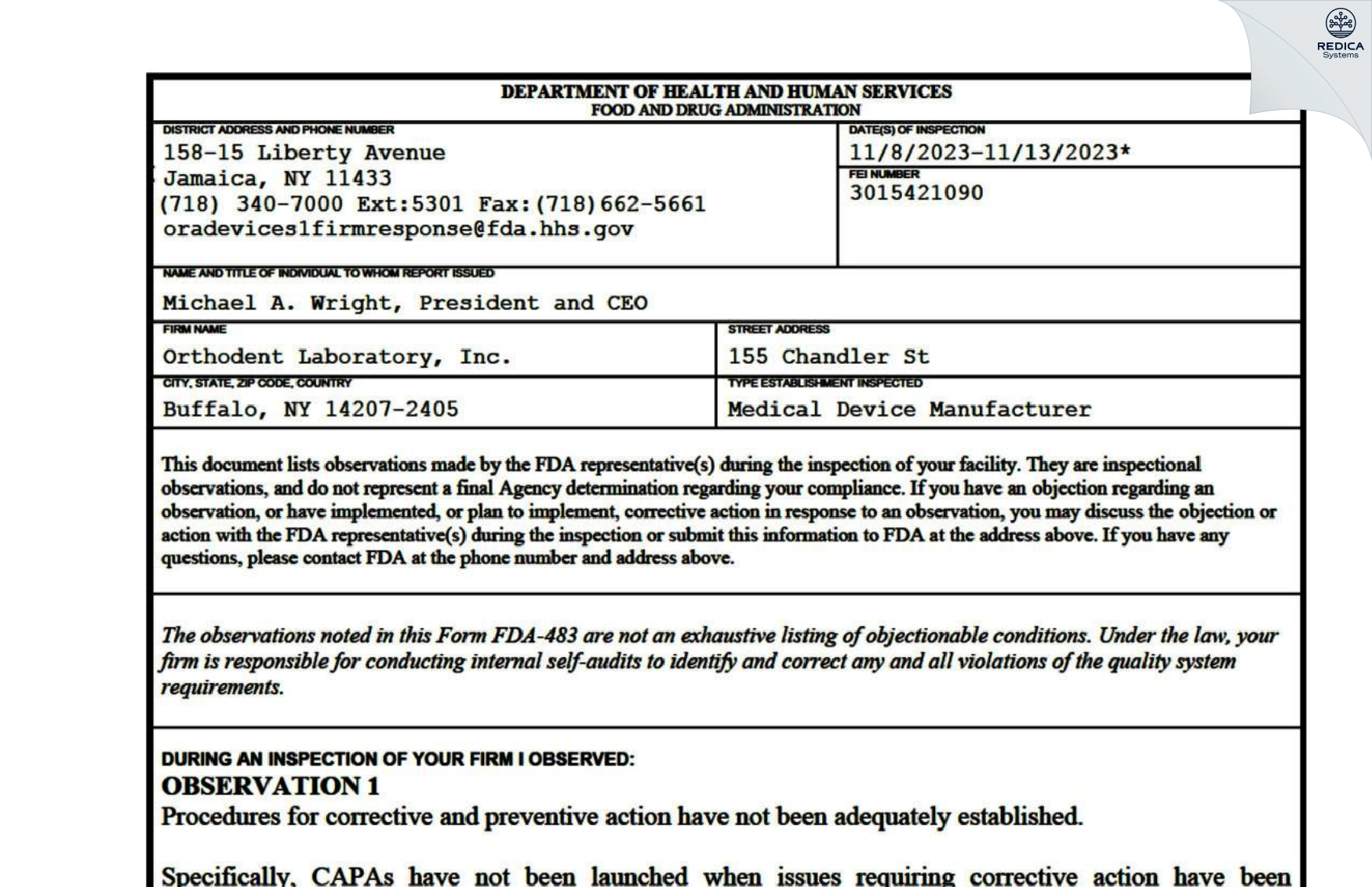 FDA 483 - Orthodent Laboratory, Inc. [Buffalo / United States of America] - Download PDF - Redica Systems