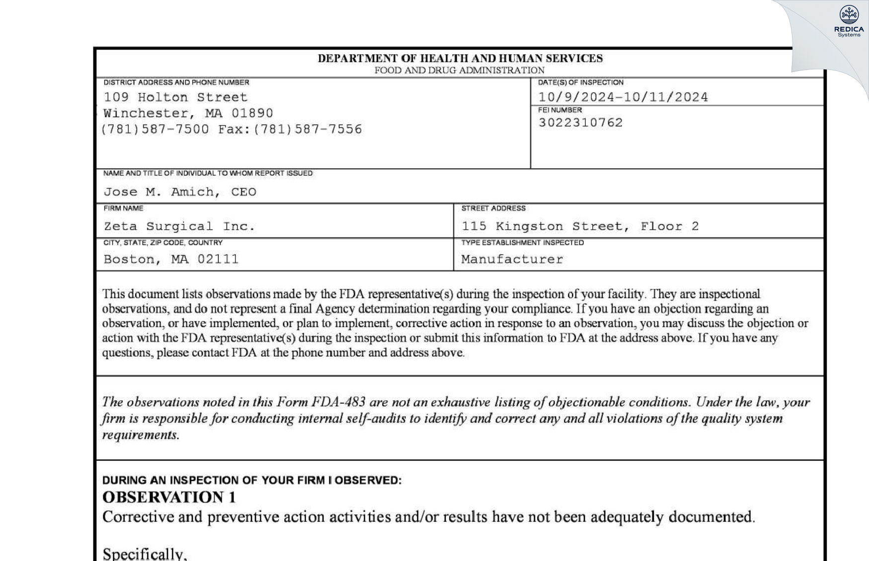 FDA 483 - ZETA SURGICAL INC. [Boston / United States of America] - Download PDF - Redica Systems