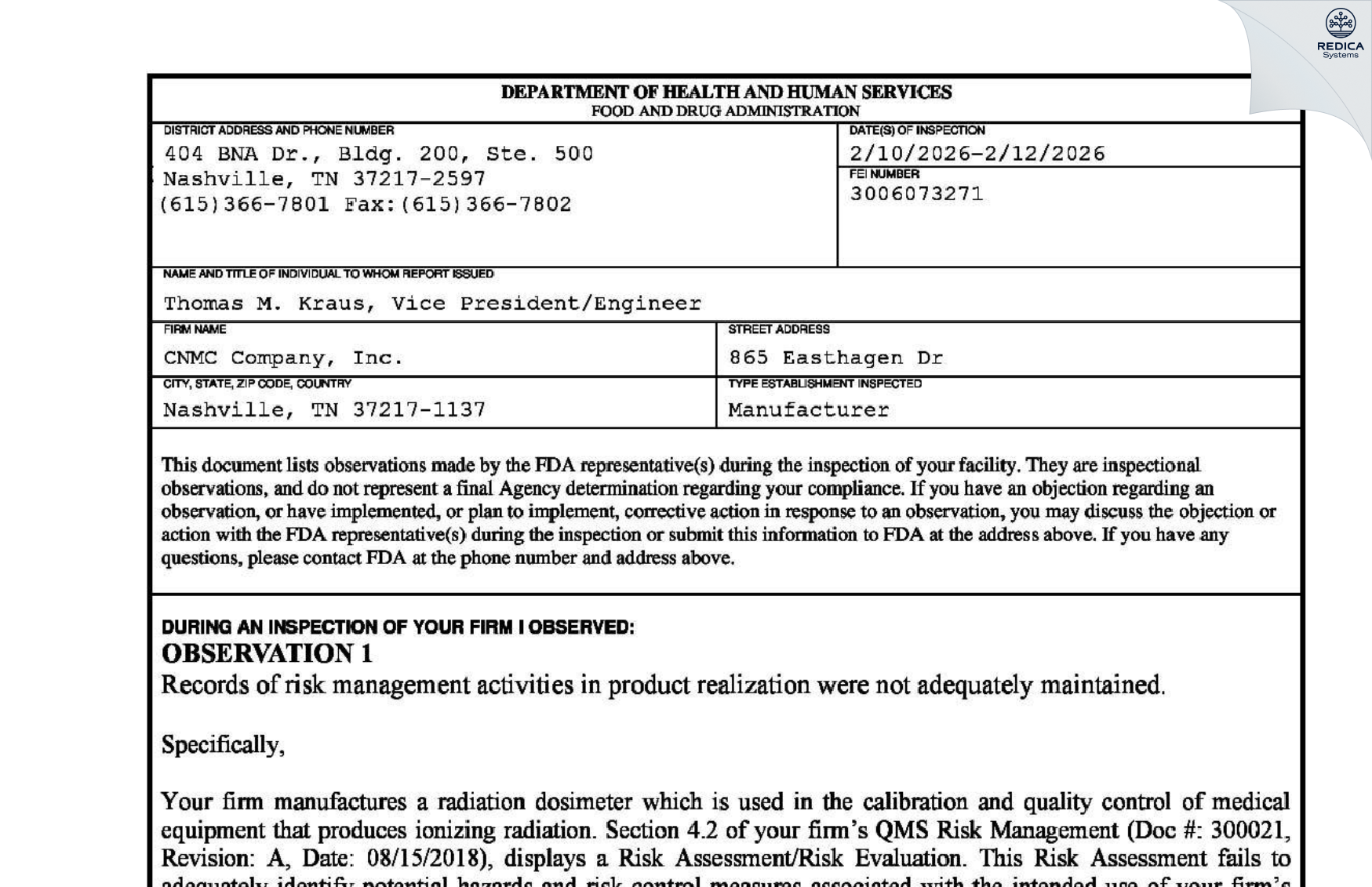FDA 483 - CNMC Company, Inc. [Nashville / United States of America] - Download PDF - Redica Systems