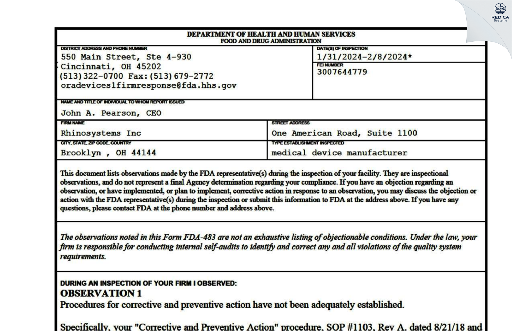 FDA 483 - Rhinosystems Inc [Cleveland / United States of America] - Download PDF - Redica Systems