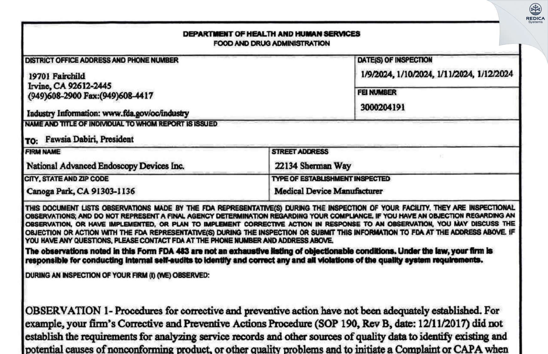 FDA 483 - National Advanced Endoscopy Devices Inc [Canoga Park / United States of America] - Download PDF - Redica Systems