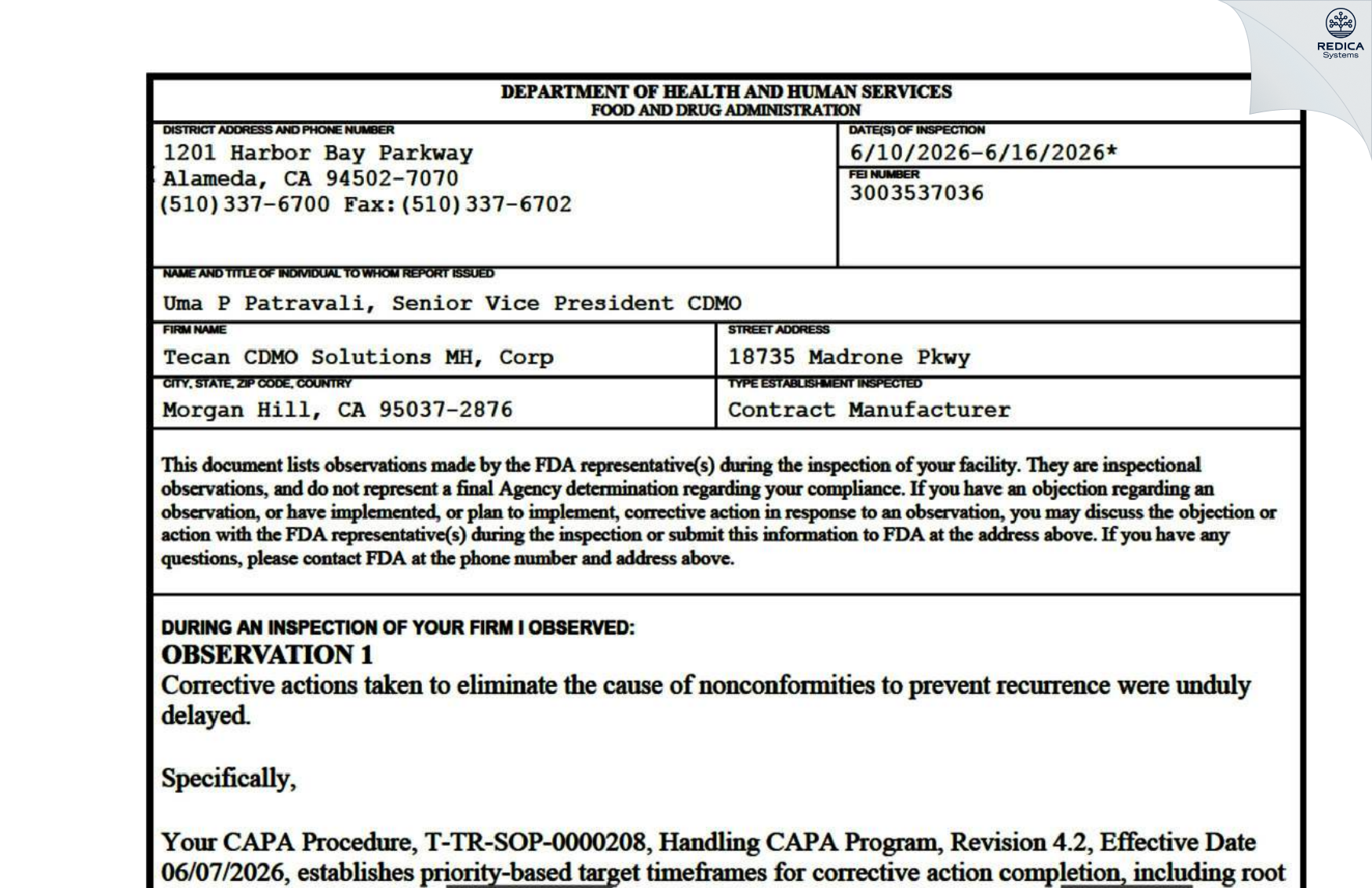 FDA 483 - Paramit a Tecan Group Company [Morgan Hill / United States of America] - Download PDF - Redica Systems