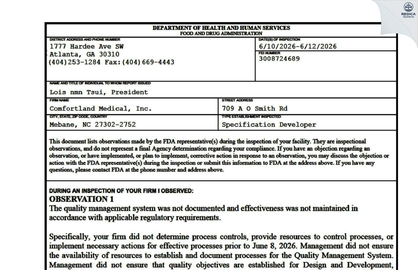 FDA 483 - Comfortland Medical, Inc. [Mebane / United States of America] - Download PDF - Redica Systems