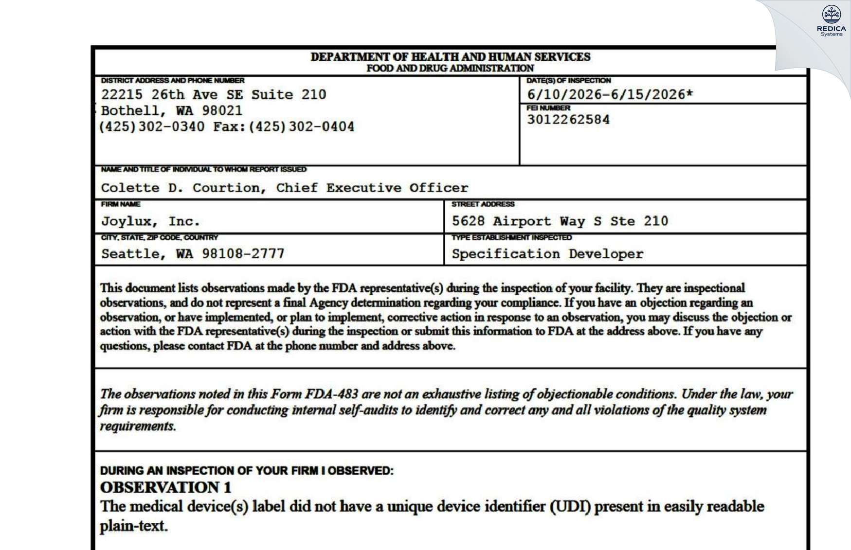 FDA 483 - JOYLUX, INC. [Seattle / United States of America] - Download PDF - Redica Systems