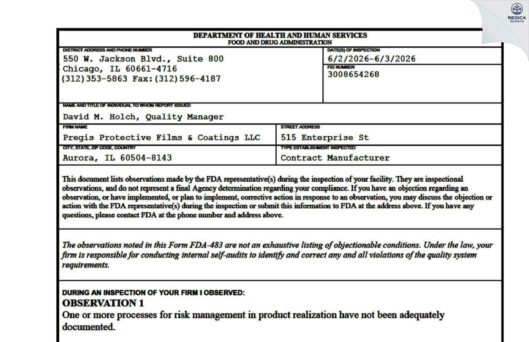 FDA 483 - Surface Guard Films LLC [Aurora / United States of America] - Download PDF - Redica Systems