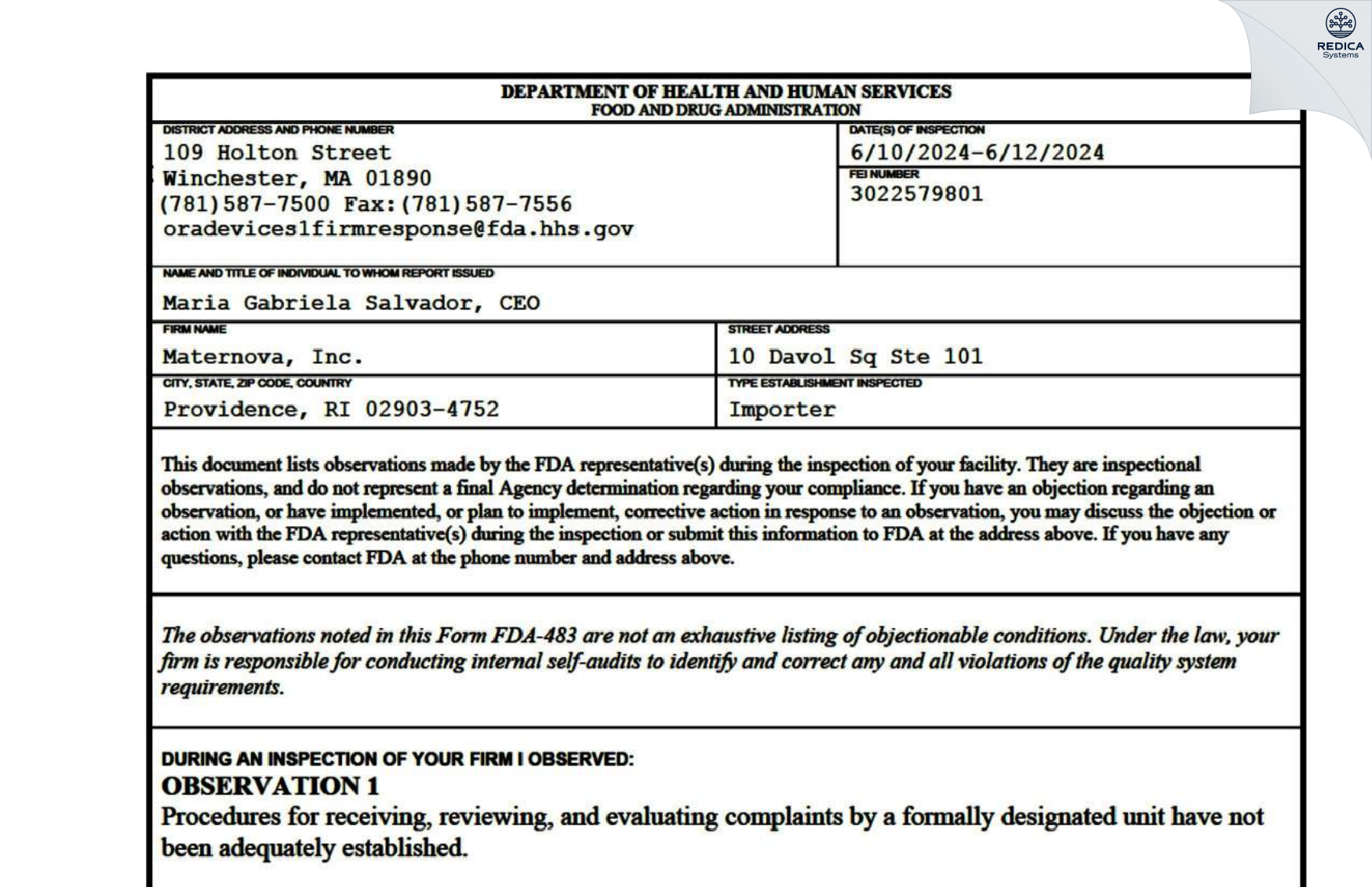 FDA 483 - Maternova, Inc. [Providence / United States of America] - Download PDF - Redica Systems