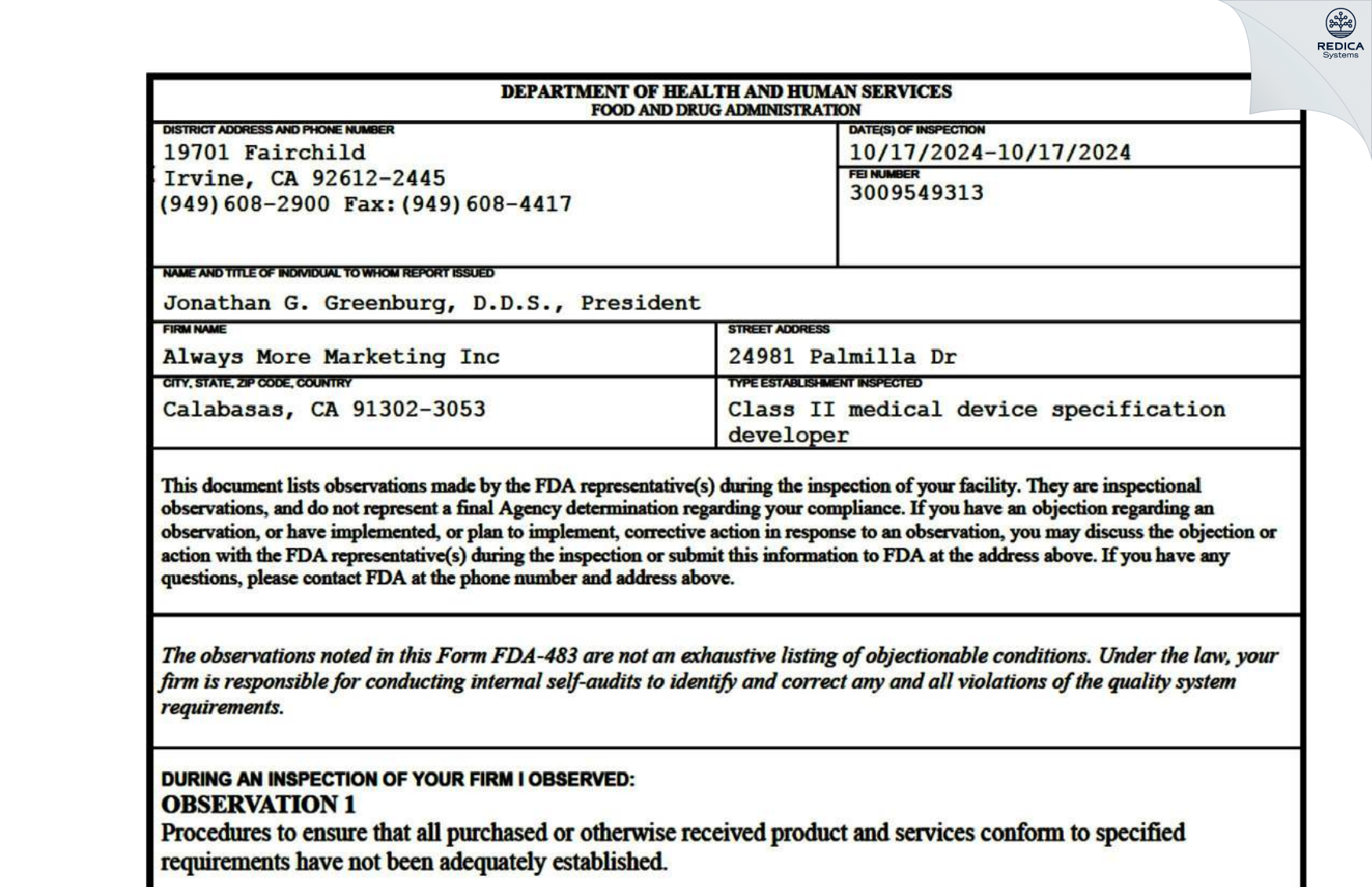 FDA 483 - Jonathan G. Greenburg, D.D.S. [Calabasas / United States of America] - Download PDF - Redica Systems