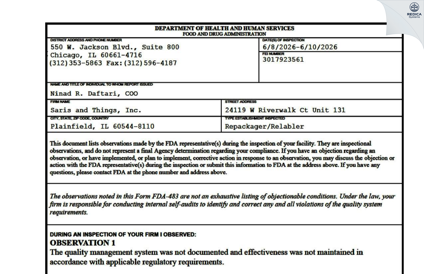 FDA 483 - SARIS AND THINGS, INC. [Plainfield / United States of America] - Download PDF - Redica Systems