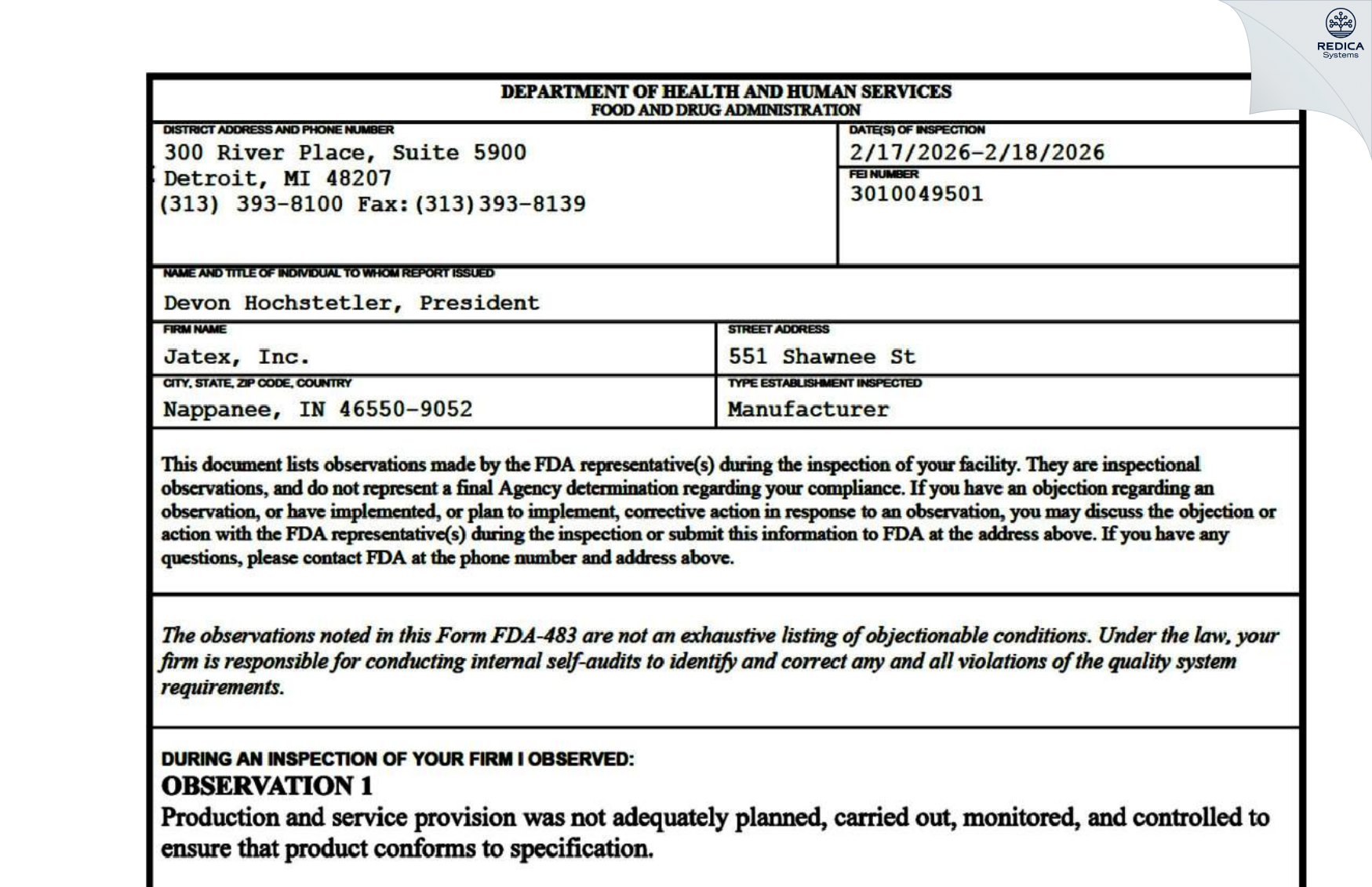 FDA 483 - Jatex, Inc. [Nappanee / United States of America] - Download PDF - Redica Systems