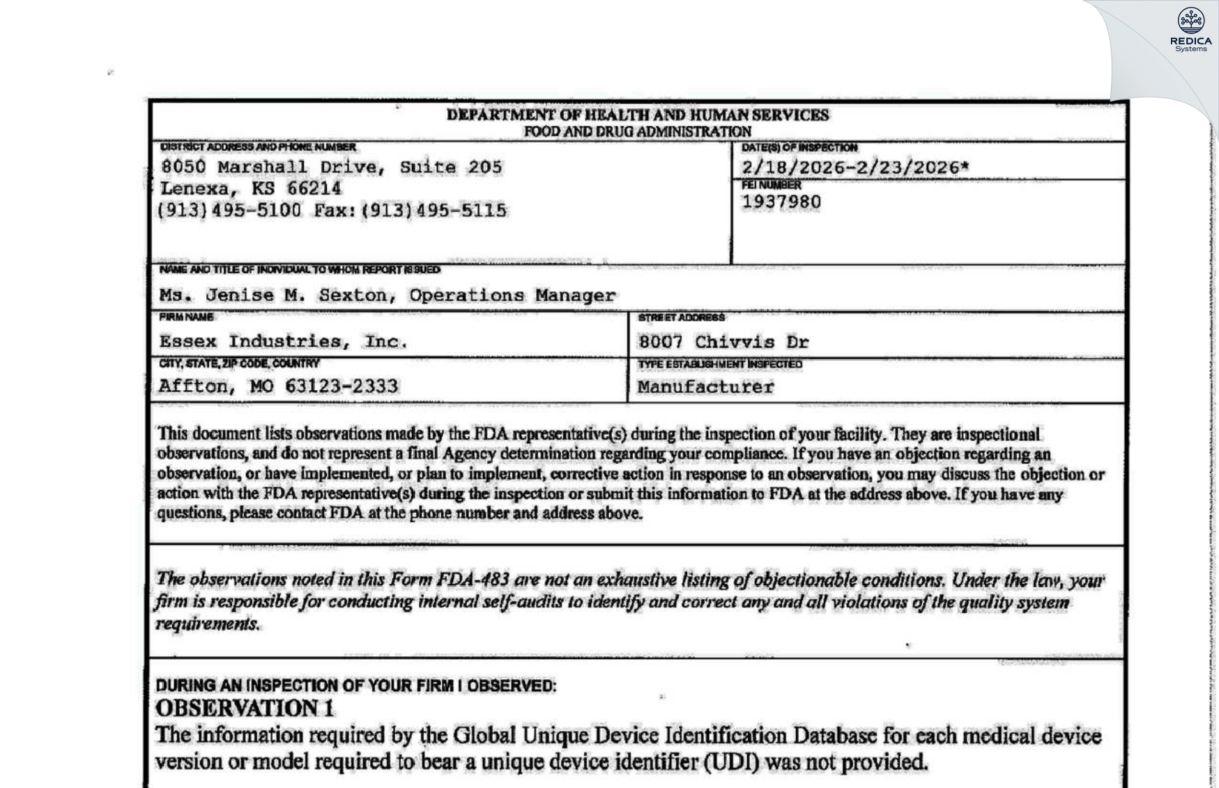 FDA 483 - Essex Industries, Inc. [Saint Louis / United States of America] - Download PDF - Redica Systems