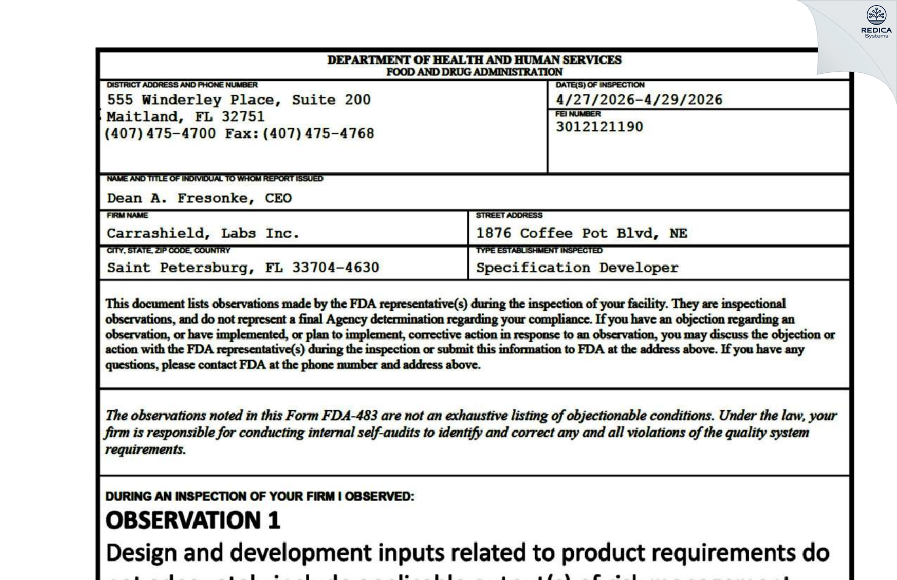 FDA 483 - Carrashield Labs Inc. [Saint Petersburg / United States of America] - Download PDF - Redica Systems