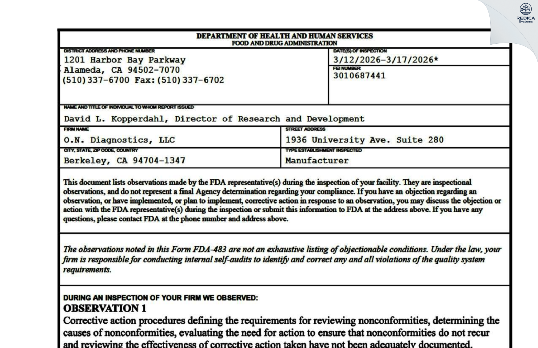 FDA 483 - O.N. Diagnostics, LLC [Berkeley / United States of America] - Download PDF - Redica Systems