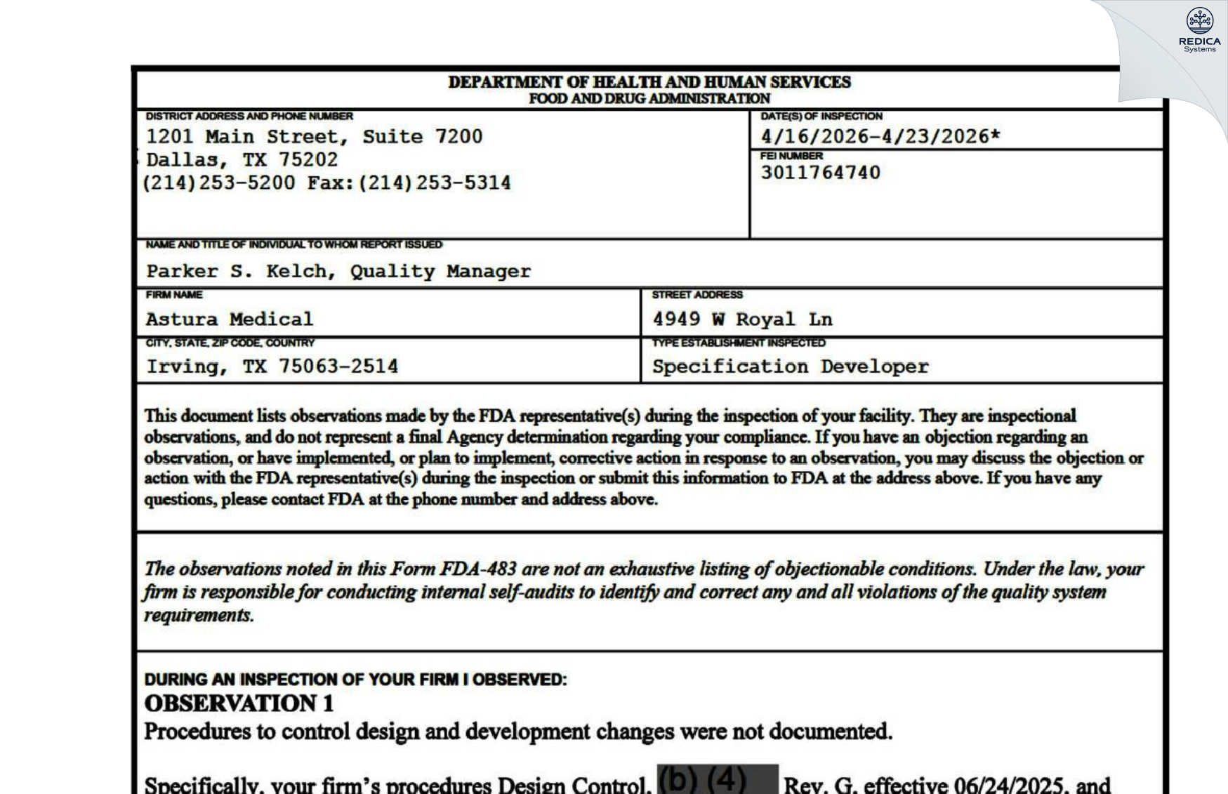 FDA 483 - Astura Medical [Carlsbad / United States of America] - Download PDF - Redica Systems