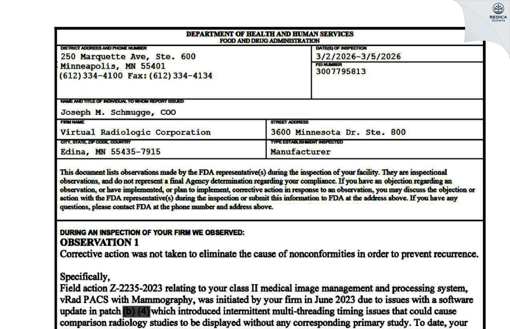 FDA 483 - Virtual Radiologic Corp. [Eden Prairie / United States of America] - Download PDF - Redica Systems