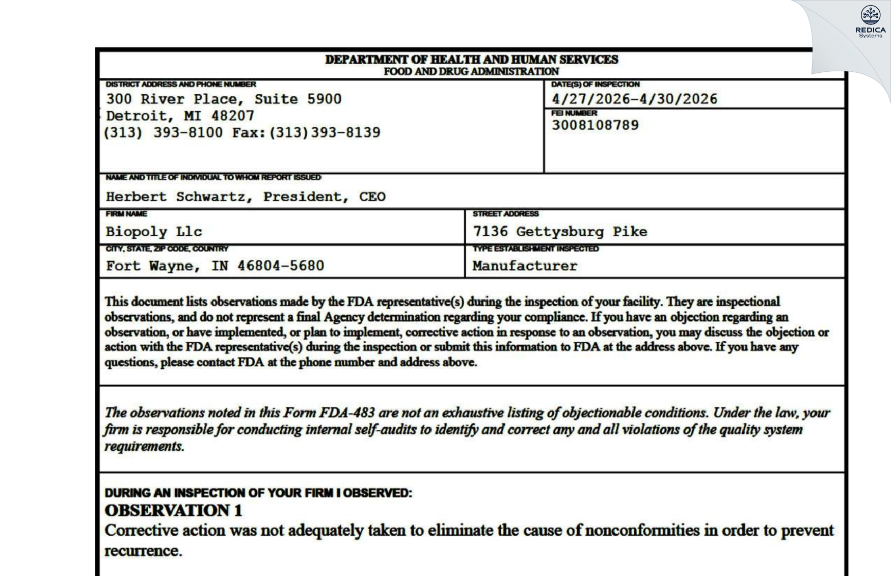 FDA 483 - BIOPOLY, LLC [Fort Wayne / United States of America] - Download PDF - Redica Systems