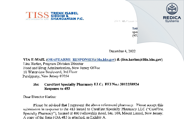 FDA 483 Response - CareFirst Specialty Pharmacy LLC [Mount Laurel / United States of America] - Download PDF - Redica Systems
