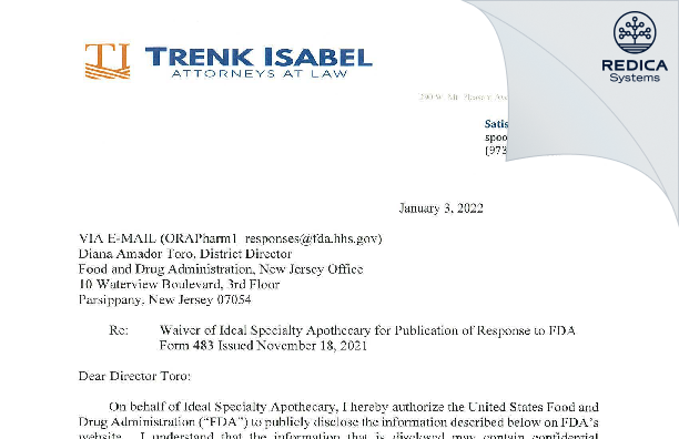 FDA 483 Response - Ideal Specialty Apothecary, Inc. dba Ideal Pharmacy [Union / United States of America] - Download PDF - Redica Systems