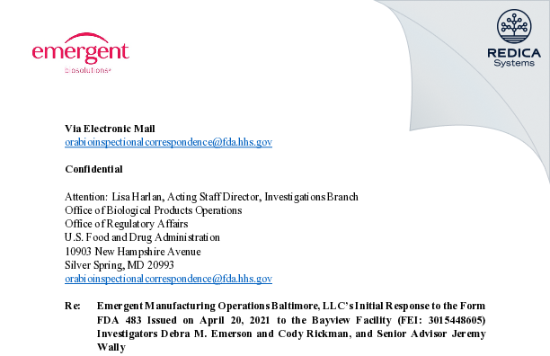 FDA 483 Response - Emergent Manufacturing Operations Baltimore LLC [Baltimore / United States of America] - Download PDF - Redica Systems