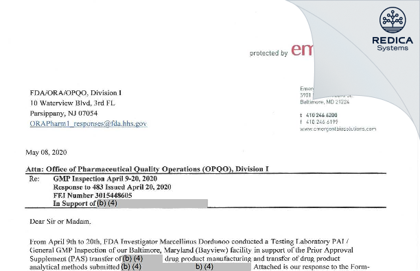 FDA 483 Response - Emergent Manufacturing Operations Baltimore LLC [Baltimore / United States of America] - Download PDF - Redica Systems
