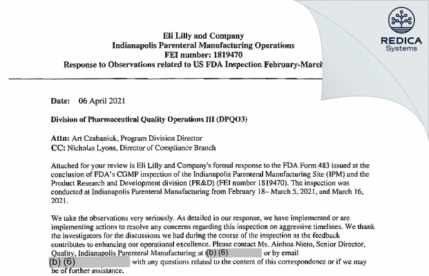 FDA 483 Response - Eli Lilly and Company [Indianapolis / United States of America] - Download PDF - Redica Systems