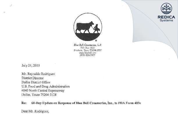FDA 483 Response - Blue Bell Creameries, L.P. [Brenham / United States of America] - Download PDF - Redica Systems