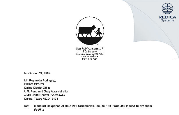 FDA 483 Response - Blue Bell Creameries, L.P. [Brenham / United States of America] - Download PDF - Redica Systems