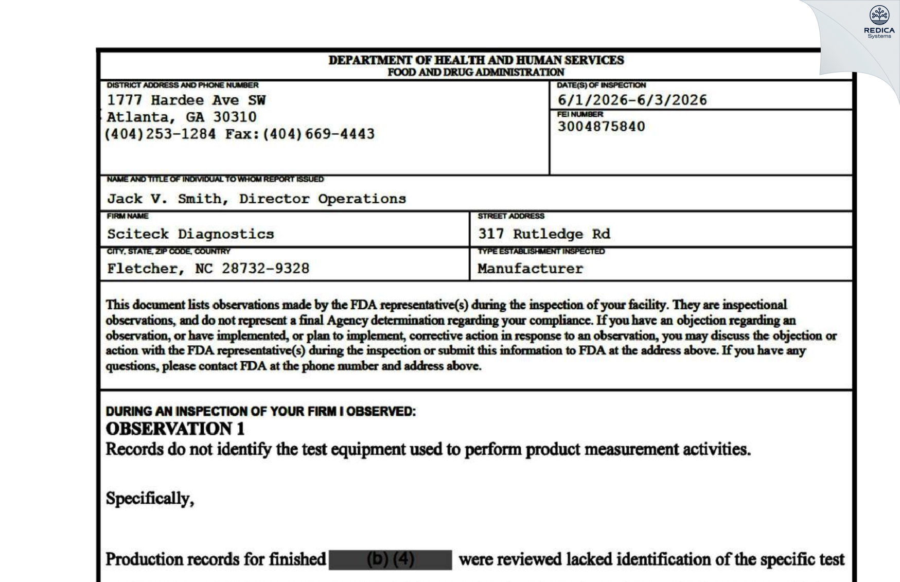 FDA 483 - Sciteck Diagnostics [Fletcher / United States of America] - Download PDF - Redica Systems