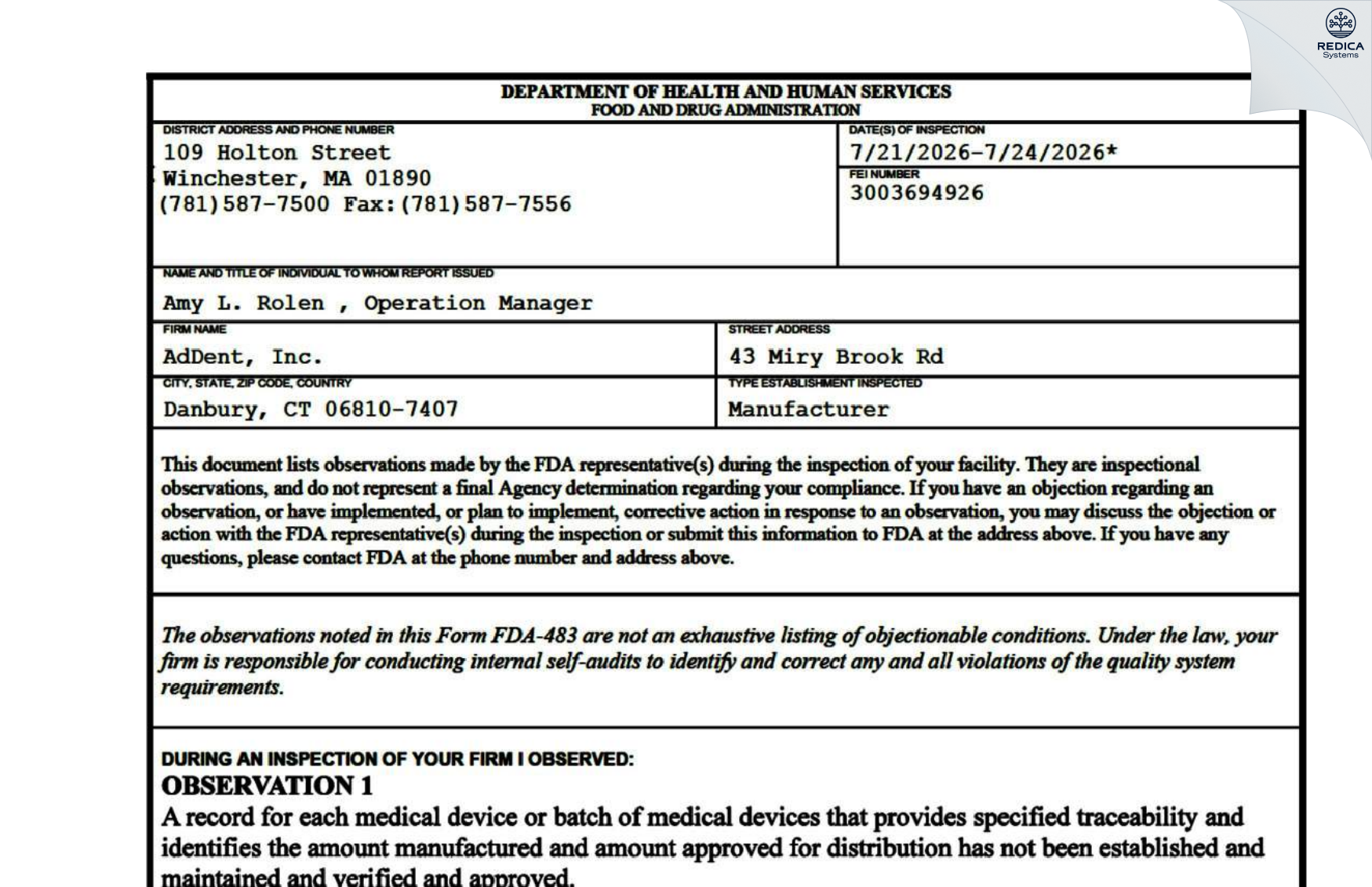 FDA 483 - AdDent, Inc. [Danbury / United States of America] - Download PDF - Redica Systems
