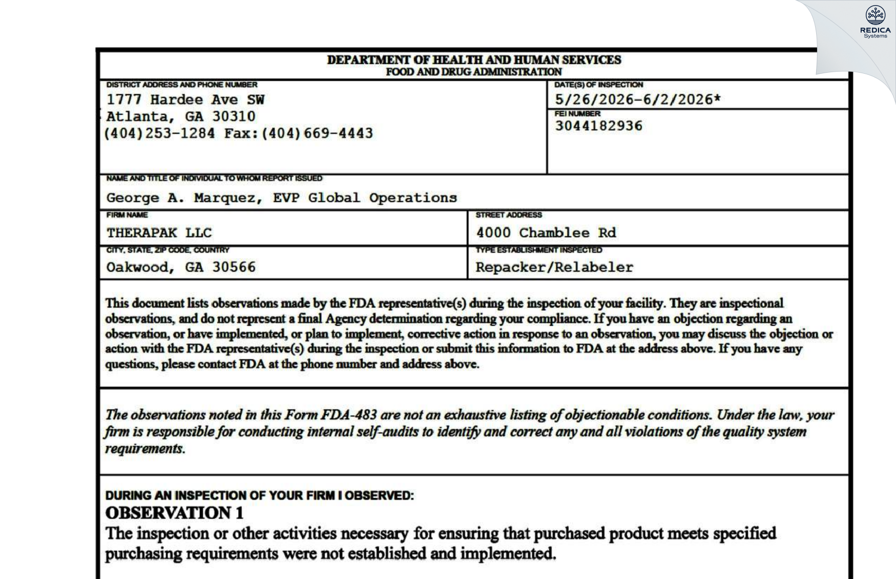 FDA 483 - Therapak, LLC [Oakwood / United States of America] - Download PDF - Redica Systems