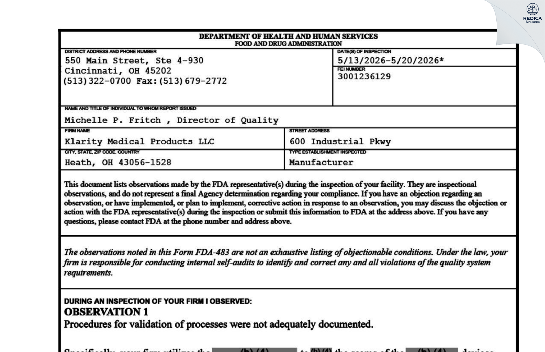 FDA 483 - Klarity Medical Products LLC [Heath / United States of America] - Download PDF - Redica Systems