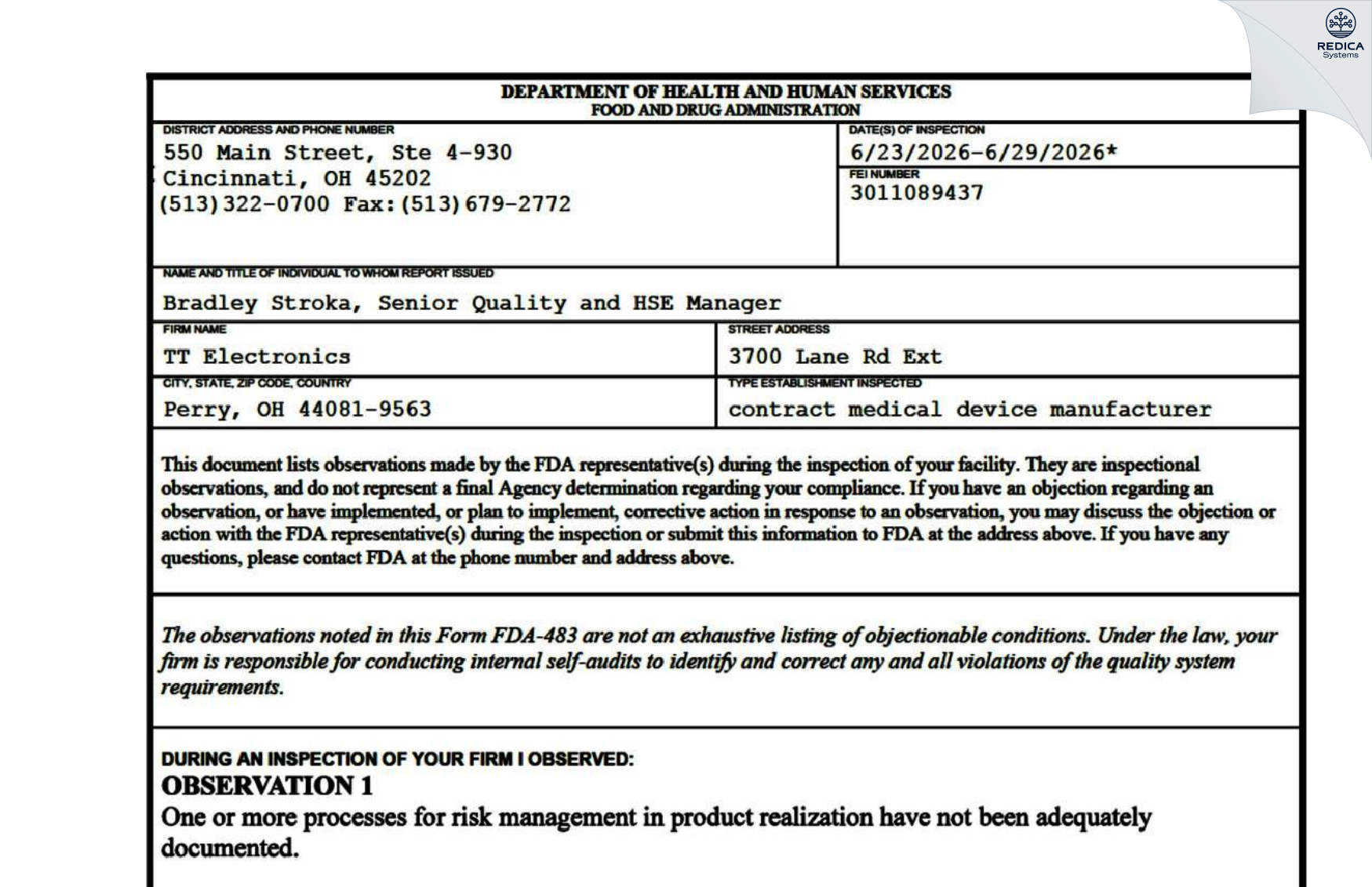 FDA 483 - TT ELECTRONICS [Perry / United States of America] - Download PDF - Redica Systems