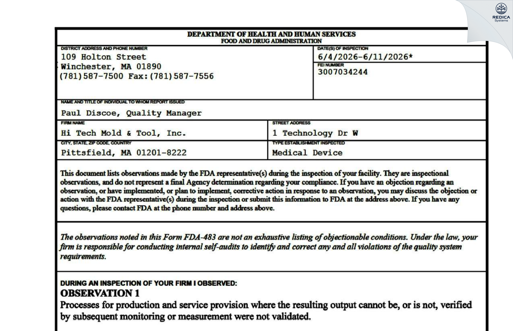 FDA 483 - Hi Tech Mold & Tool, Inc. [Pittsfield / United States of America] - Download PDF - Redica Systems