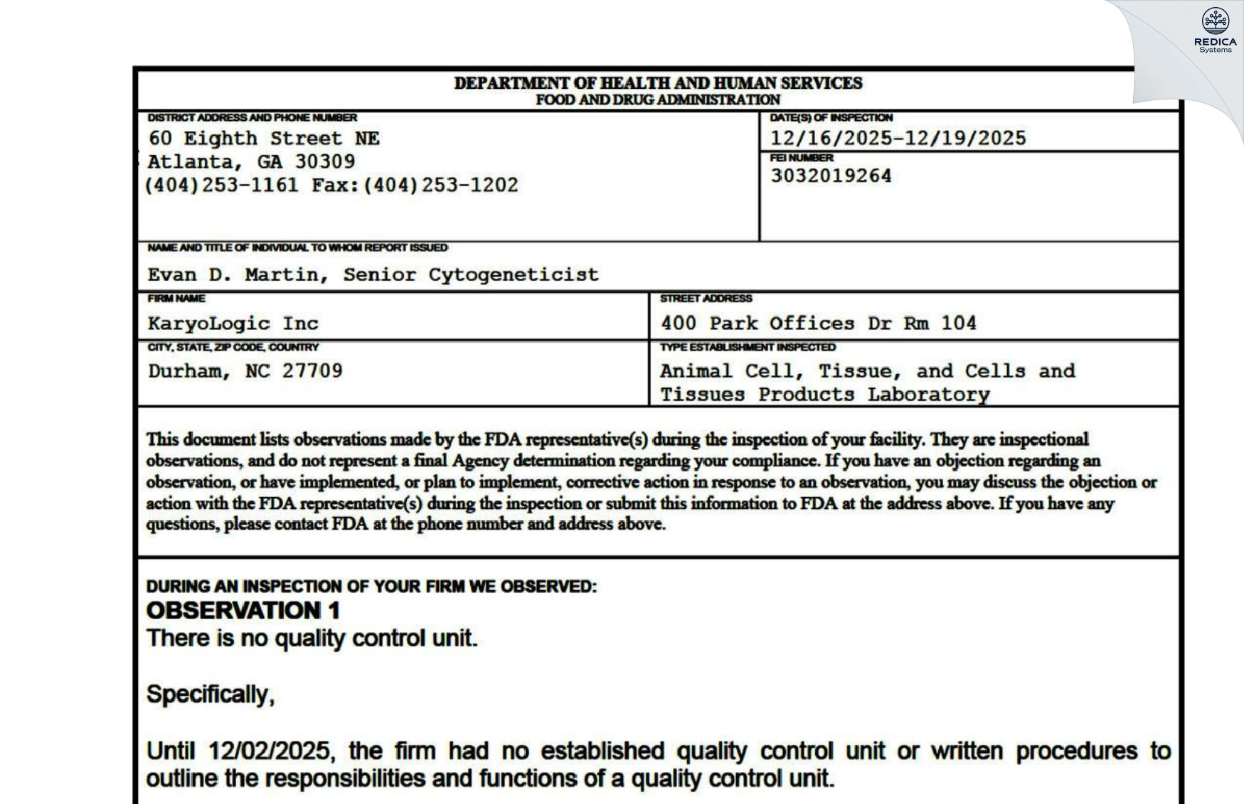 FDA 483 - KaryoLogic Inc [Durham / United States of America] - Download PDF - Redica Systems