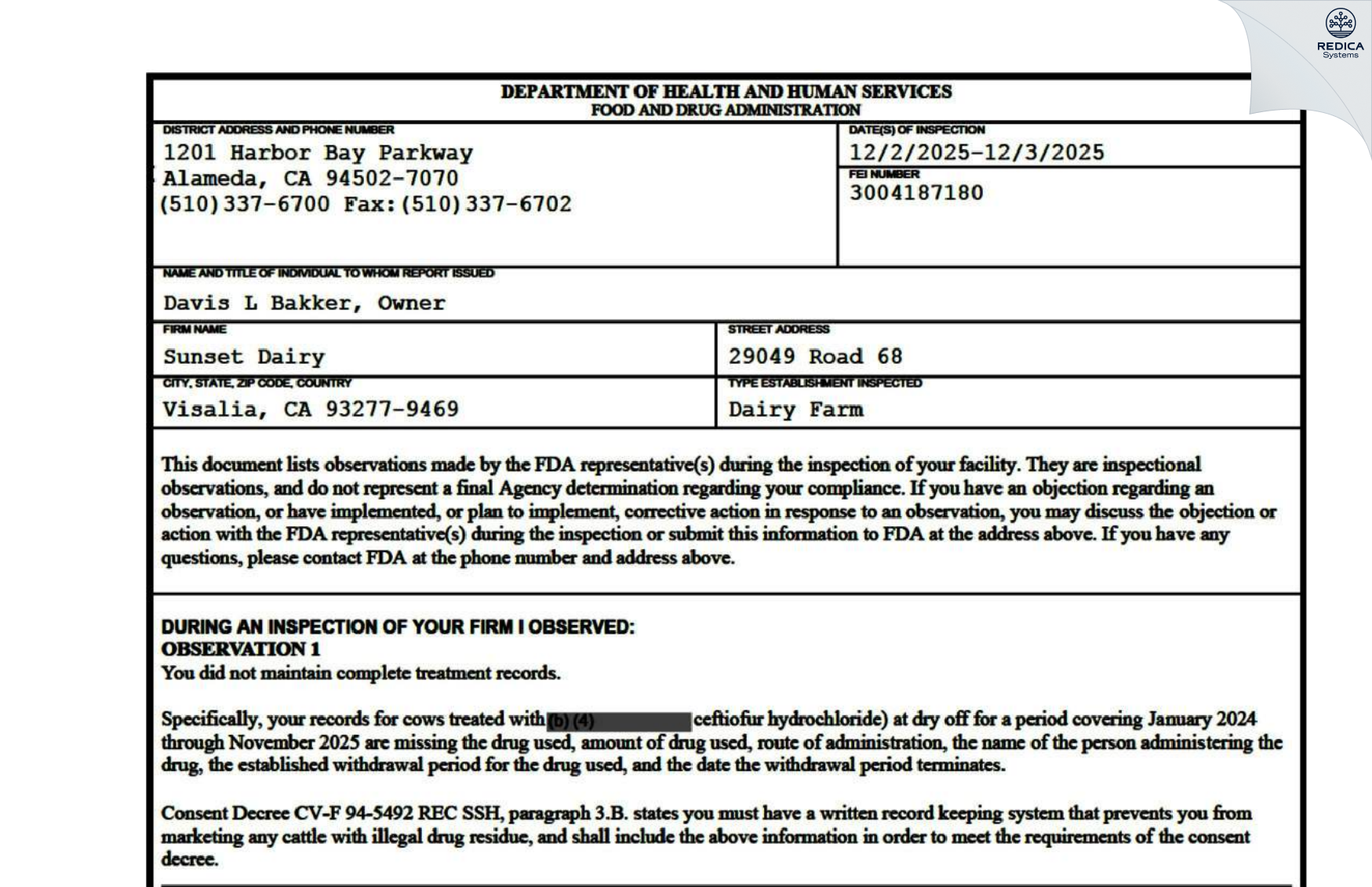 FDA 483 - Sunset Dairy [Visalia / United States of America] - Download PDF - Redica Systems