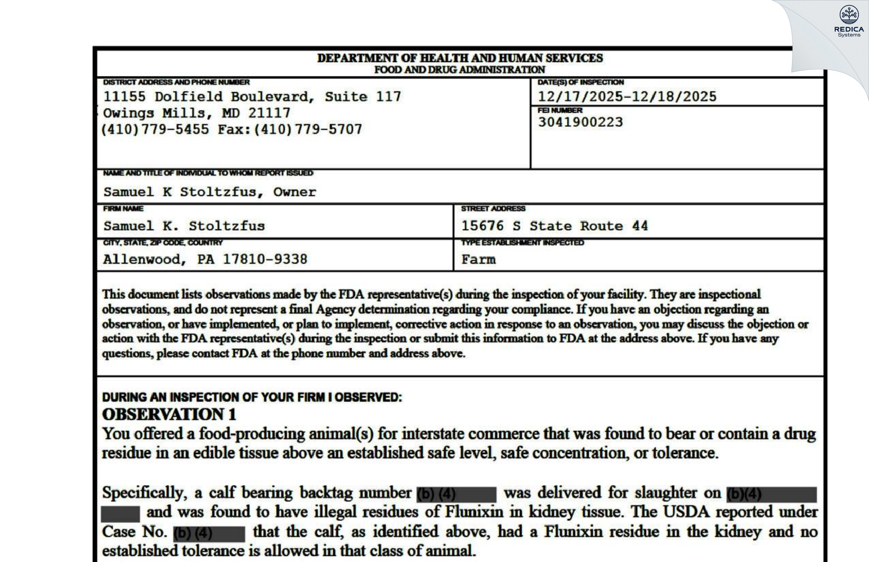 FDA 483 - Samuel K. Stoltzfus [Allenwood / United States of America] - Download PDF - Redica Systems