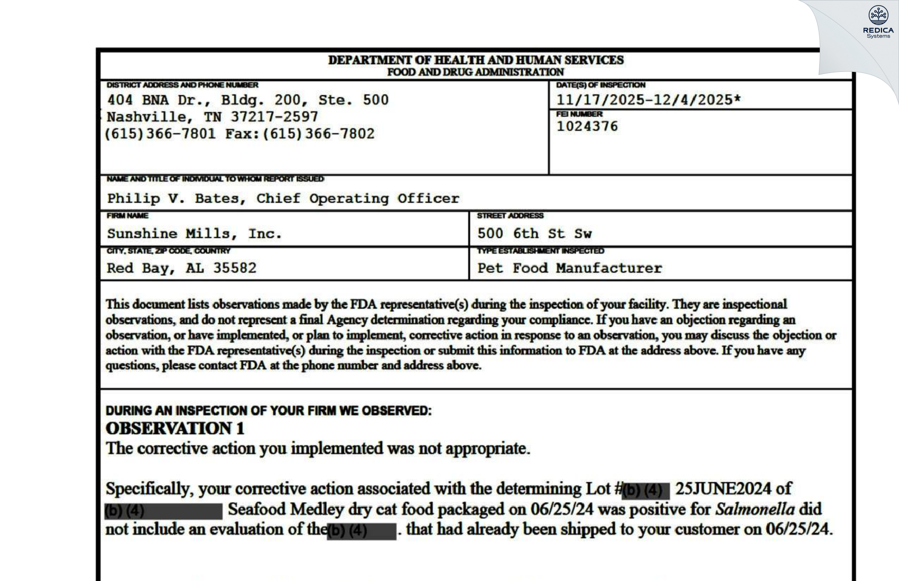 FDA 483 - Sunshine Mills aka World Pet Care [Red Bay / United States of America] - Download PDF - Redica Systems