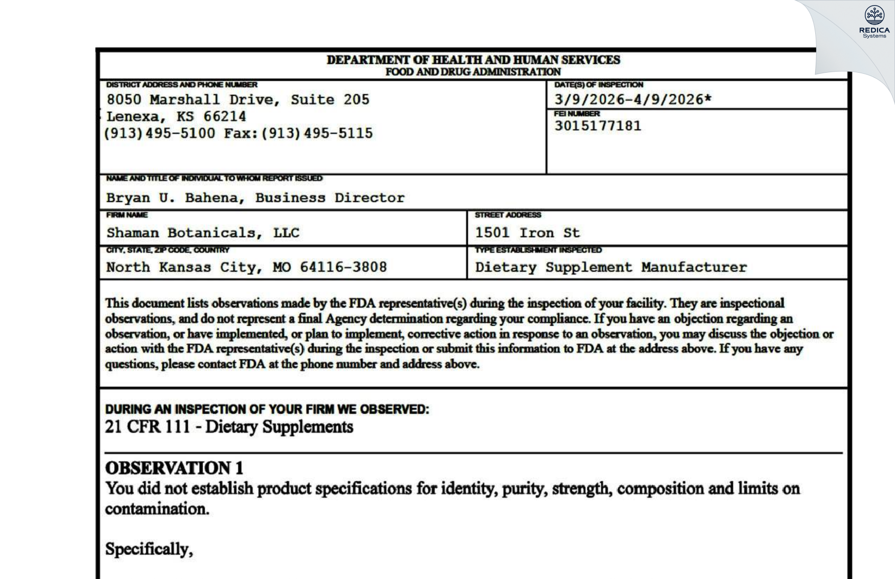 FDA 483 - CBD American Shaman LLC [Kansas City / United States of America] - Download PDF - Redica Systems