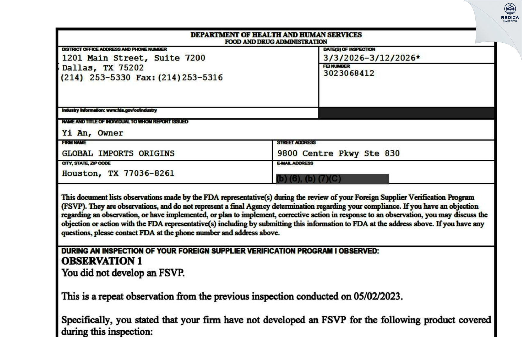 FDA 483 - GLOBAL IMPORTS ORIGINS [Houston / United States of America] - Download PDF - Redica Systems